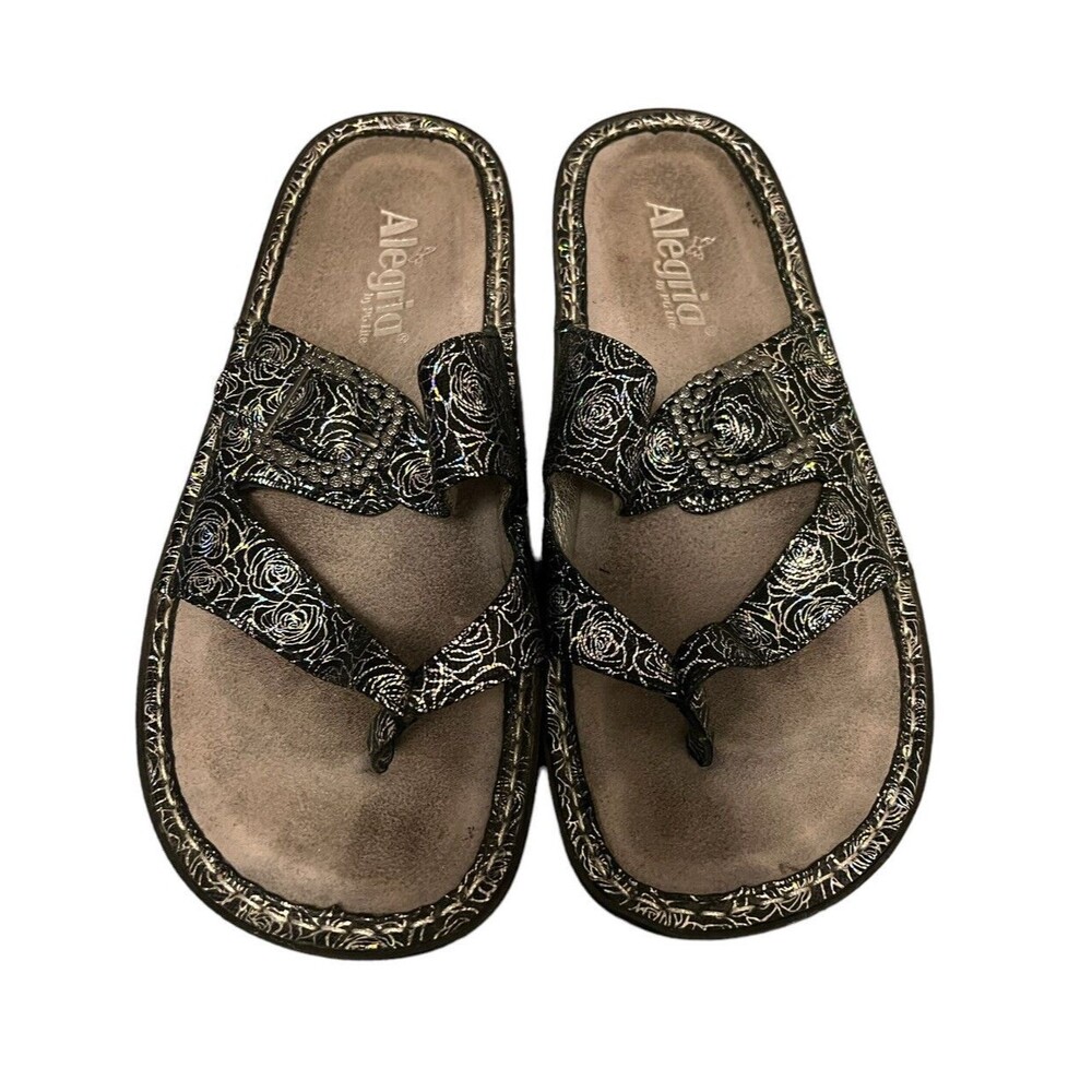 Alegria Valentina Slip On Slide Adjustable Strap Sandal Size 39 Steel Rosette